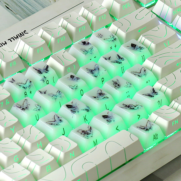 MMD Jade Butterfly Heart Keycap PC Keycaps For Gaming Mechanical Keyboard MX Switch Light Through Dye Subbed Cherry Profile