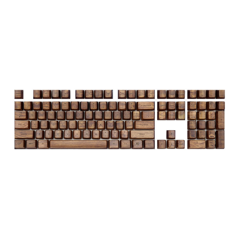 KPRepublic wooden keycaps laid out in a TKL kit with walnut finish KPRepublic wooden keycaps laid out in a TKL kit with walnut finish